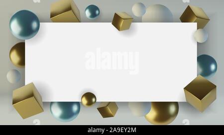Realistic spheres and cubes. Abstract background of primitive geometric figures. Design element of 3d golden and blue ball and box. Vector Stock Vector