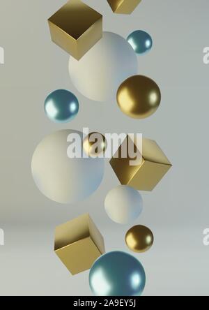 Realistic spheres and cubes. Abstract background of primitive geometric figures. Design element of 3d golden and blue ball and box. Vector Stock Vector