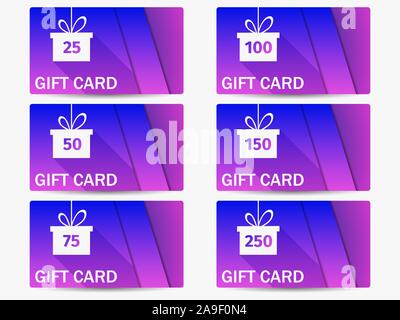 Gift card with gift box set. Layers of cut paper. The cards cost in 25, 50, 75 100, 150, 250. Overlay layers with a gradient. Vector illustration Stock Vector