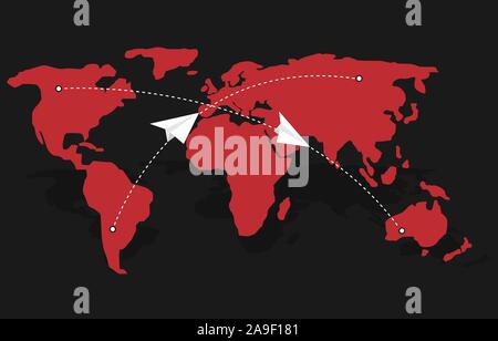 Paper message symbols over red world map Stock Vector