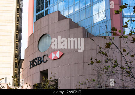 Sydney, Australia - August 4, 2013: HSBC logo on HSBC headquarters building in Sydney Central Business District Stock Photo