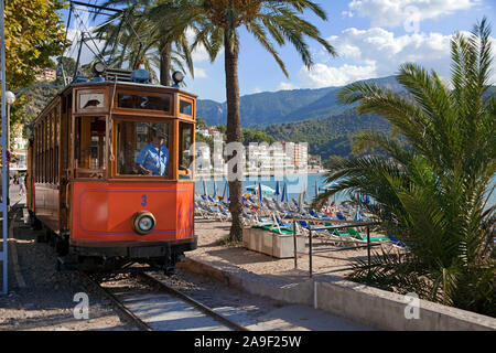 Nostalgic tramway at Port de Soller, Soller, Mallorca, Balearic islands, Spain Stock Photo
