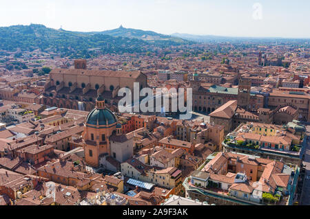 Horizontal shot of the red colored rooftops of Bologna, Italy from above. Stock Photo