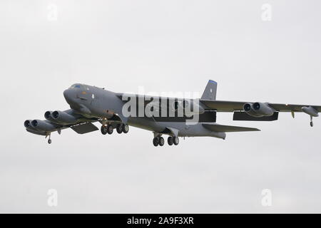 Eight-engine Boeing B-52 Stratofortress strategic bomber returning from a training mission at RAF Fairford, UK Stock Photo