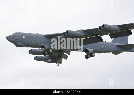 Eight-engine Boeing B-52 Stratofortress strategic bomber returning from a training mission at RAF Fairford, UK Stock Photo