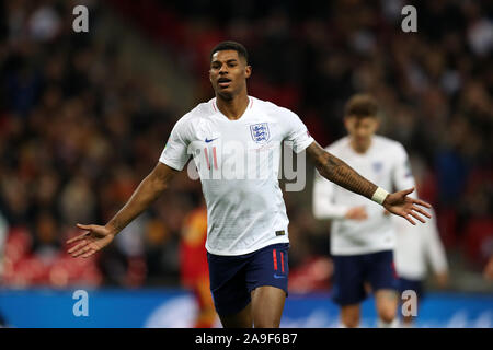 London, UK. 14th Nov, 2019. Marcus Rashford of England celebrates after he scores his teams 4th goal. UEFA Euro 2020 qualifier, group A match, England v Montenegro at Wembley Stadium in London on Thursday 14th November 2019. EDITORIAL USE ONLY. this image may only be used for Editorial purposes. Editorial use only, license required for commercial use. No use in betting, games or a single club/league/player publications pic by Andrew Orchard/Andrew Orchard sports photography/Alamy Live news Credit: Andrew Orchard sports photography/Alamy Live News Stock Photo