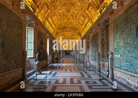 The Gallery of Maps inside of the Vatican Museums with no people. Vatican Museum without crowds of tourists. Stock Photo