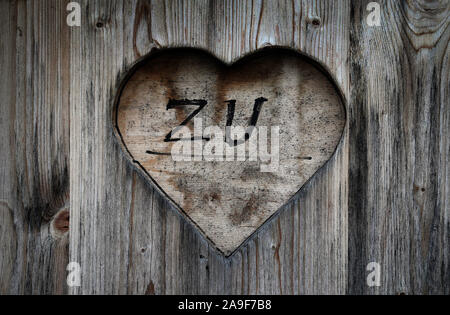 15 November 2019, Bavaria, Schwangau: The word 'Zu' can be read on a heart in the door of a wooden toilet house. Photo: Karl-Josef Hildenbrand/dpa Stock Photo