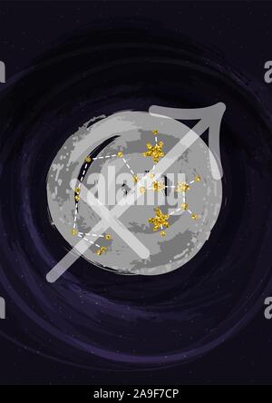 Zodiac Sagittarius sign A4 print poster with constellation symbol. Vector illustration banner. Stock Vector