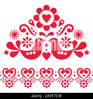 Valentine's Day folk art vector design set for greeting card or wedding invitation - Scandinavian style patterns with birds, hearts and flowers Stock Vector