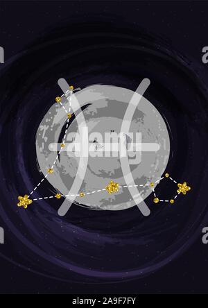 Zodiac Pisces sign A4 print poster with constellation symbol. Vector illustration banner. Stock Vector