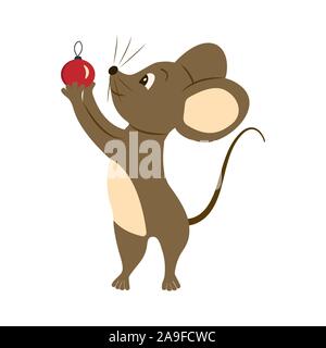 Mouse holds a glass ball New Year eve on a white background. Merry Christmas holiday cartoon illustration Stock Vector