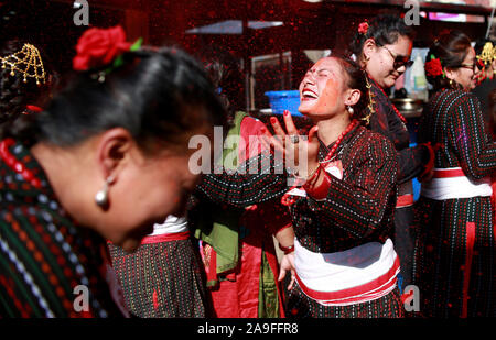 November 15, 2019, Kathmandu, Nepal: Nepalese devotees dance and sing as they celebrate during ''Sindoor Jatra'' vermillion powder festival at Chabahil in Kathmandu, Nepal on November 15, 2019. (Credit Image: © Dipen Shrestha/ZUMA Wire) Stock Photo