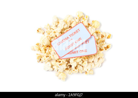 Popcorn pile with tickets isolated on white background, top view Stock Photo