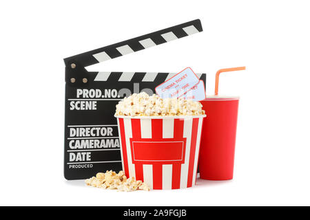 Movie clapper, paper cup, bucket with popcorn and tickets isolated on white background Stock Photo