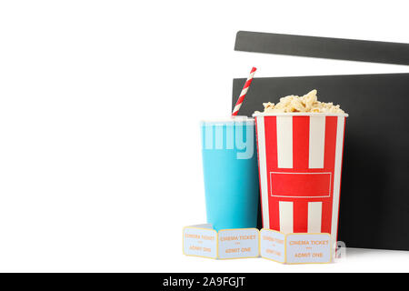 Clapperboard, paper cup, bucket with popcorn and tickets isolated on white Stock Photo