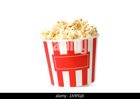 Striped bucket with popcorn isolated on white background Stock Photo