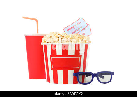Paper cup, bucket with popcorn and tickets, 3d glasses isolated on white background Stock Photo
