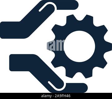 Hands with cog wheel, gear icon. Technical support, technical service concept. Tuning, setup system settings symbols. Gear between two hands. Vector i Stock Vector