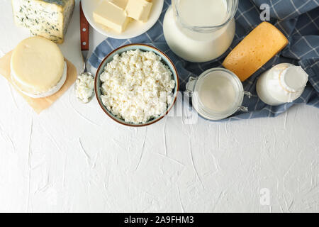 Flat lay. Different dairy products on white background, copy space Stock Photo