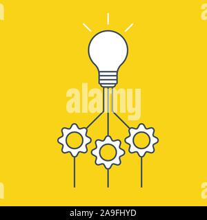 Gear cogs and lamp bulbs demonstrate business process. Lamps and cogwheels template for infographics. Progress, process, collaboration illustration. V Stock Vector