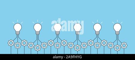 Gear cogs and lamp bulbs demonstrate business process. Lamps and cogwheels template for infographics. Progress, process, collaboration illustration. V Stock Vector