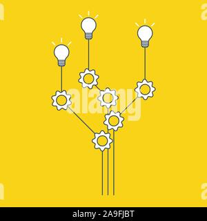 Gear cogs and lamp bulbs demonstrate business process. Lamps and cogwheels template for infographics. Progress, process, collaboration illustration. V Stock Vector