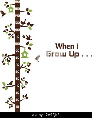 Kids height ruler with a tree and birds for wall decals, wall stickers - Vector Stock Vector
