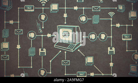 Vintage computer and network of retro multimedia and internet icons: communications and retro technology concept Stock Photo
