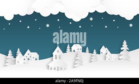 Landscape winter season with urban countryside, crunch, house, pine tree and falling snow background in paper cut style. Stock Vector