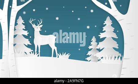 Paper art made deer in the forest on blue background. Digital craft paper cut style. Stock Vector