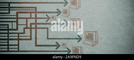Vintage computers network with arrows, technology and communication concept Stock Photo