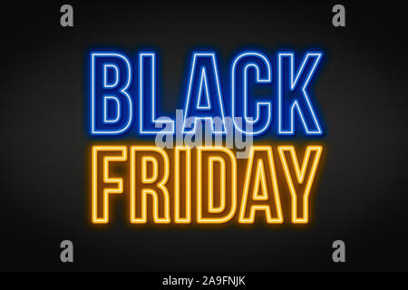 Black friday colorful neon shop sign on black background, sale and offers concept Stock Photo