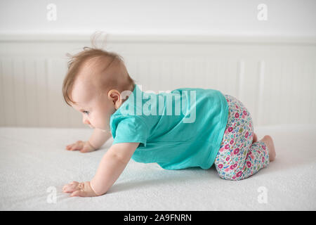 Adorable Caucasian baby girl with blue eyes trying to stand up and walk, focused on the effort and progress baby facial expressions and family concept Stock Photo