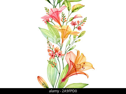 Watercolor Transparent Lily with freesia, hibiscus and leaves. Seamless vertical border isolated on white. Tropical botanical floral illustration for Stock Photo