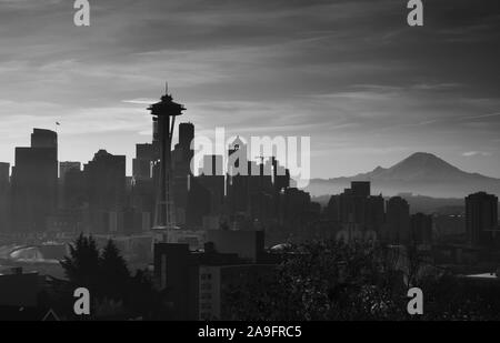 Downtown Seattle Sunrise with the Space needle, and Mount Rainier. Stock Photo