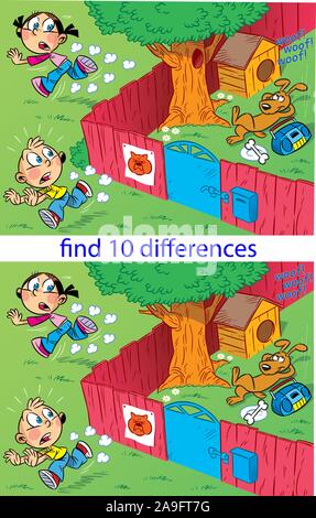 In the vector illustration is a puzzle in which it is necessary to find differences in pictures with children and the dog that guards the yard. Stock Vector