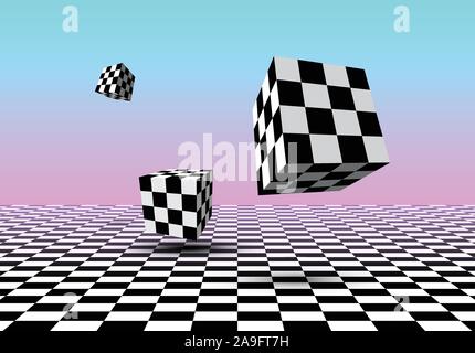Black and white cubes flying over checkered floor with pink and blue gradient background in vaporwave aesthetic Stock Vector