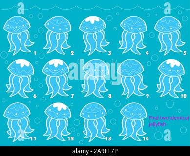 The vector illustration depicts a puzzle in which you need to find two identical marine jellyfish Stock Vector