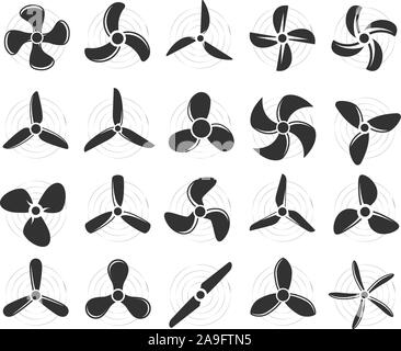 Plane propellers set - fan, rotor mover, aircraft propeller icons, wind fan rotating prop, airplane airscrew Stock Vector
