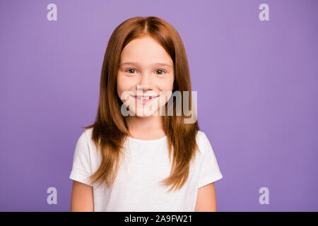 Closeup photo of pretty adorable little foxy school child lady standing first studying day at class see friends wear white t-shirt isolated over Stock Photo