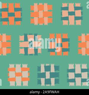 Hand painted fragments of woven color blocks in aqua, pink,blue and orange. Seamless geometric vector pattern with grunge texture on teal background Stock Vector