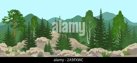 Seamless Mountain Landscape with Trees Stock Vector