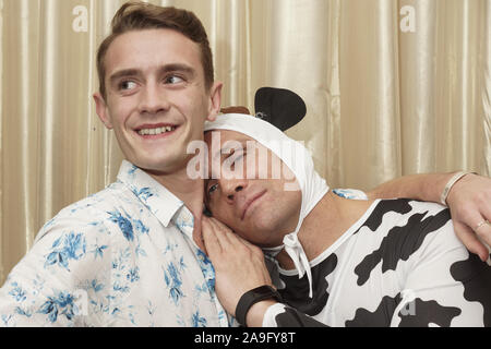London, UK. 15th Nov, 2019. Alex Reid as Daisy the Cow at photocall for adult pantomime JACK AND HIS GIANT BIGSTALK with Alex Guersman as Jack, Eloise Gray as Fairy Courgette, Edward Denby as Dame Trott and Simon Gross as Gene-Talia.From 13 December 2019 to 5 January 2020 at the Karma Sanctum Hotel. Warwick Street, W1B 5NF. Credit: Peter Hogan/Alamy Live News Stock Photo