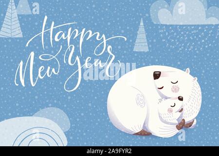 Happy New year Christmas greeting card with cartoon polar bear and baby Stock Vector