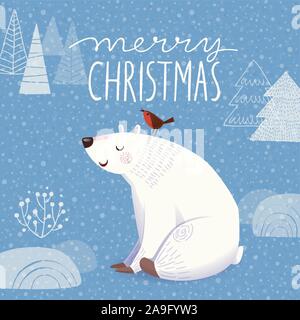 Winter Christmas greeting card with cartoon dreaming polar bear and bird Stock Vector