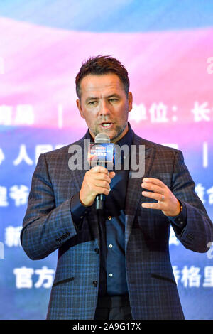 English former footballer Michael Owen shows up at a press conference of Legend Footballer Challenge in Changsha city, central China's Hunan province, 15 November 2019. Stock Photo