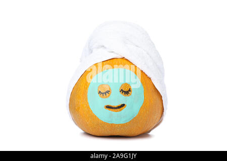 Download Pumpkin With Facial Mask And Towel On Yellow Background Copy Space Stock Photo Alamy PSD Mockup Templates