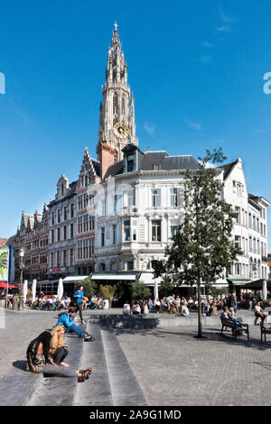 Historic buildings and the Cathedral of Our Lady in Antwerp, Belgium (Onze-Lieve-Vrouwe cathedraal) Stock Photo