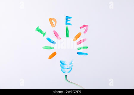 Drawn light bulb and inscription Idea on white background, space for text Stock Photo